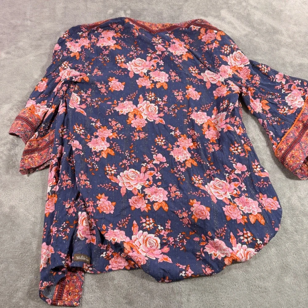 Matilda Jane Kimono Women XS/S Blue Floral Metallic Bell Sleeve Cardigan Wrap